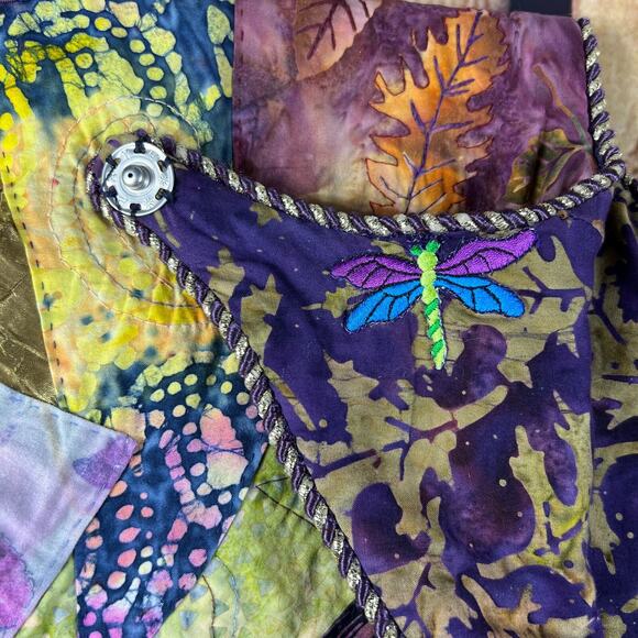 Handmade Jacket Womens 20x22 Multicolor Quilted Patchwork Snap Button Dragonfly - Picture 9 of 16